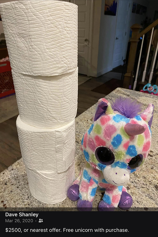 A stack of rolls of toilet paper and unicorn sitting next to them