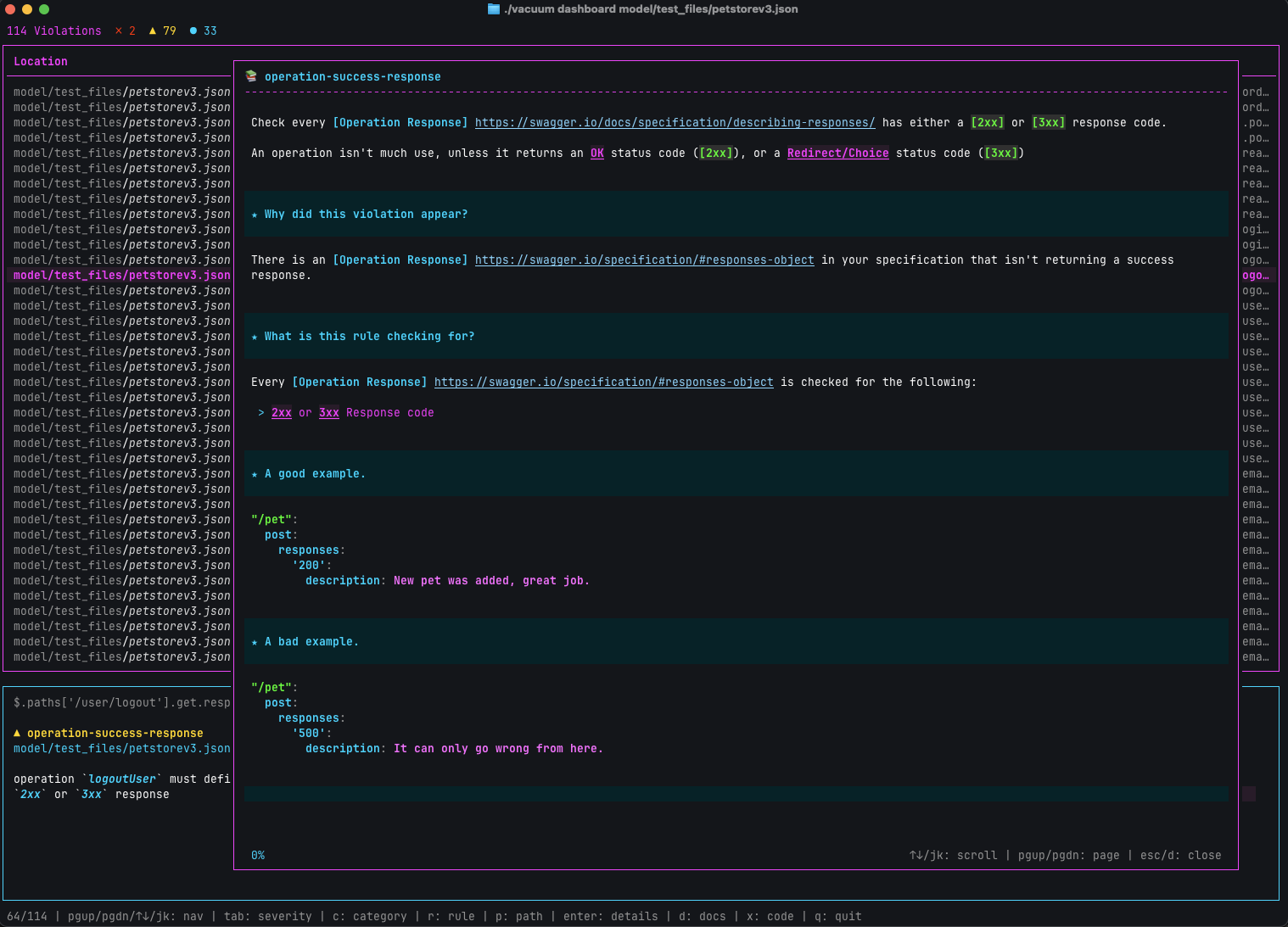 Documentation for all the rules available right there in the terminal, just press 'd'