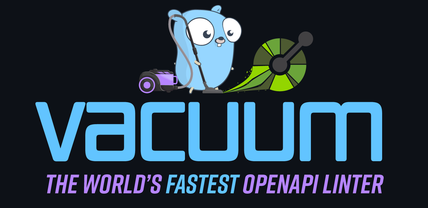 Golang gopher holding a vacuum, sucking up the OpenAPI logo, over the title 'introducing vacuum'